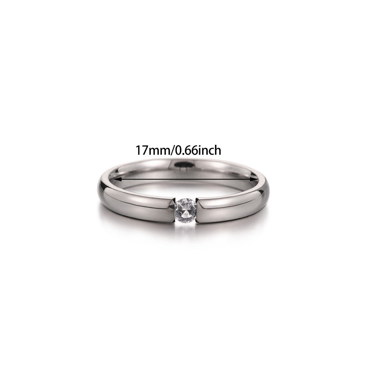 Stainless steel ring with a smooth polished band and a single round crystal set in the center