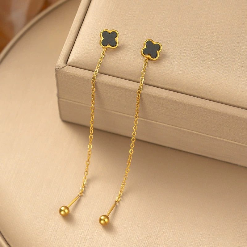 Gold Plated Black Clover Long Chain Drop Earrings