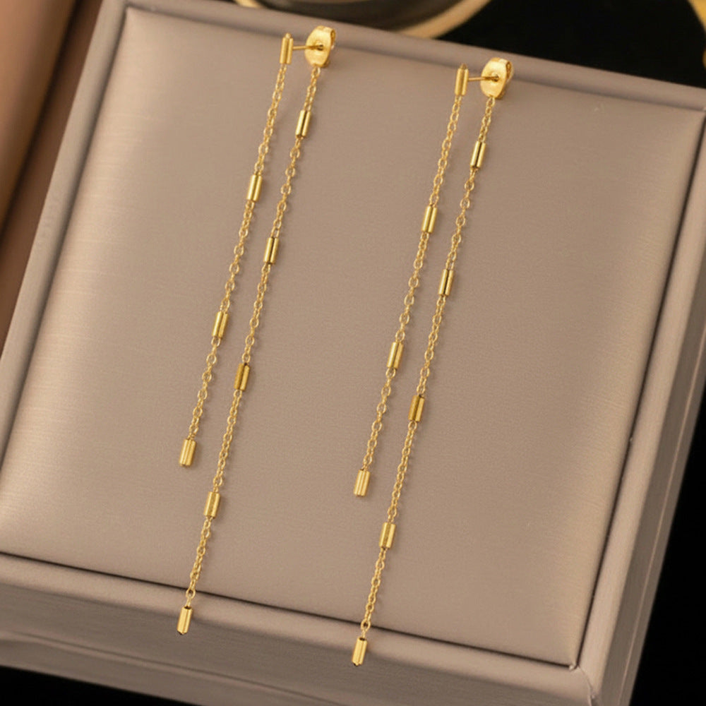 Gold-plated stainless steel double chain drop earrings with cylindrical tube accents