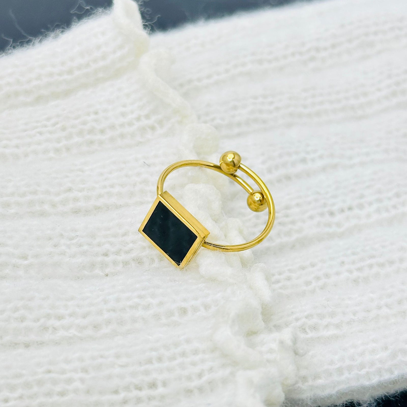 Gold-Tone Black Rectangular Adjustable Ring