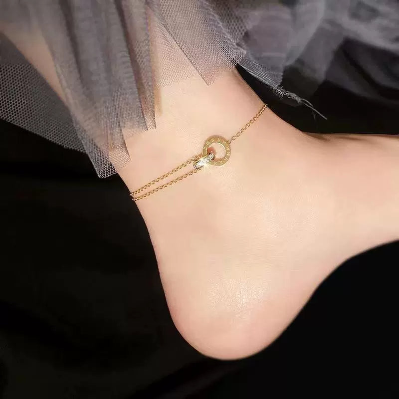 Gold Plated Double Chain Circle Pendant Anklet