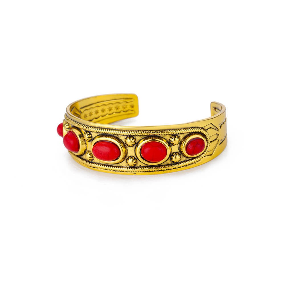 Antique-Style Gold Cuff Bracelet with Red Accents