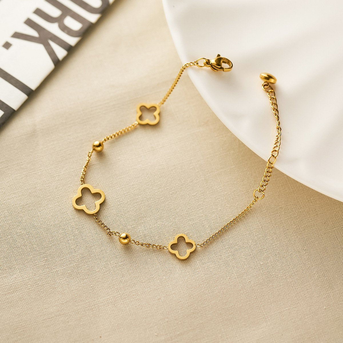 Gold-Plated Hollow Clover Charm Bracelet