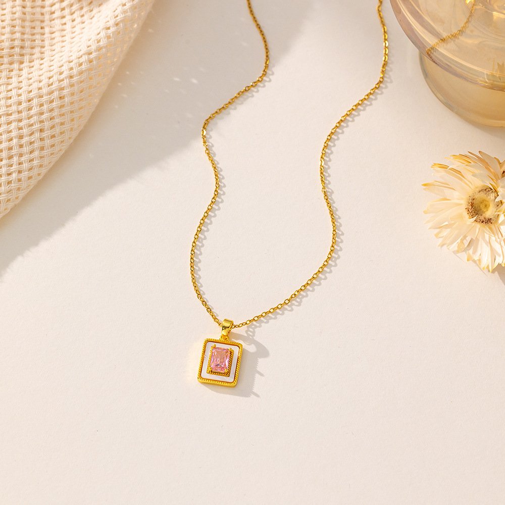 Gold Plated Frame Shaped Pink Crystal Nekclace