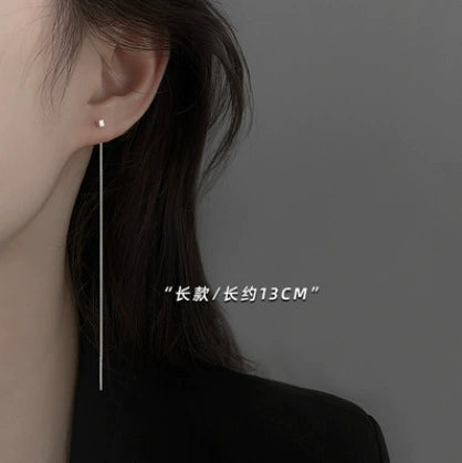 Polished Stainless Steel Long Bar Threader Earrings