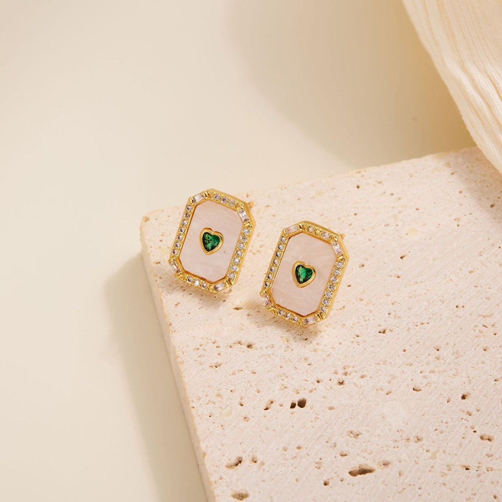 Gold-Plated Mother-of-Pearl Earrings with Green Heart Crystal