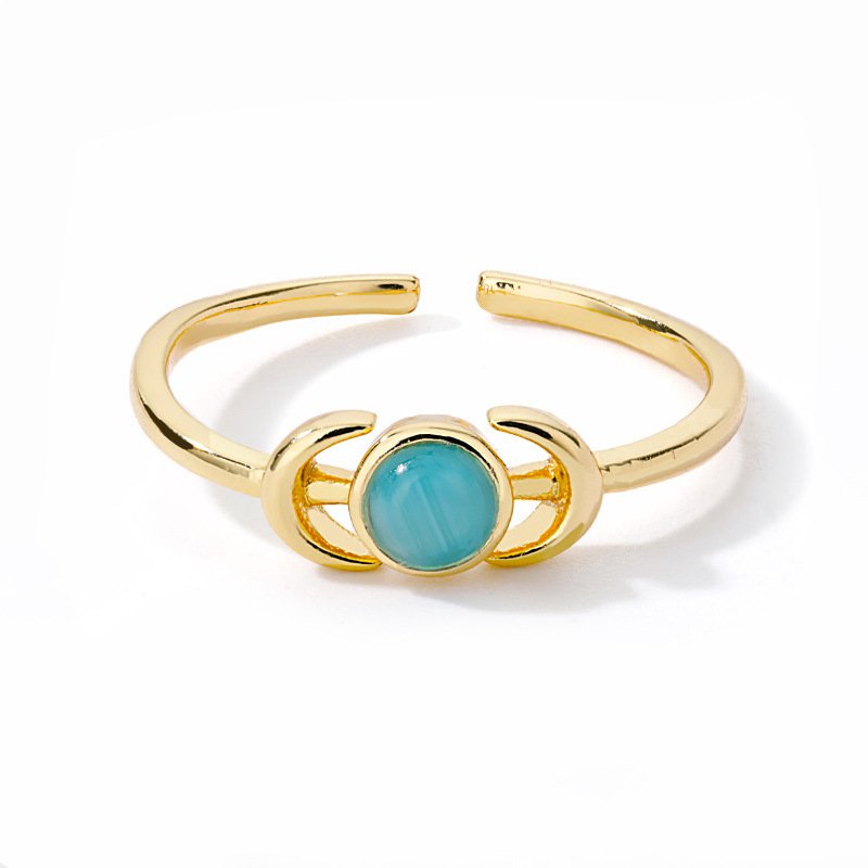 Dainty Gold Crescent Moon Ring with Turquoise Stone
