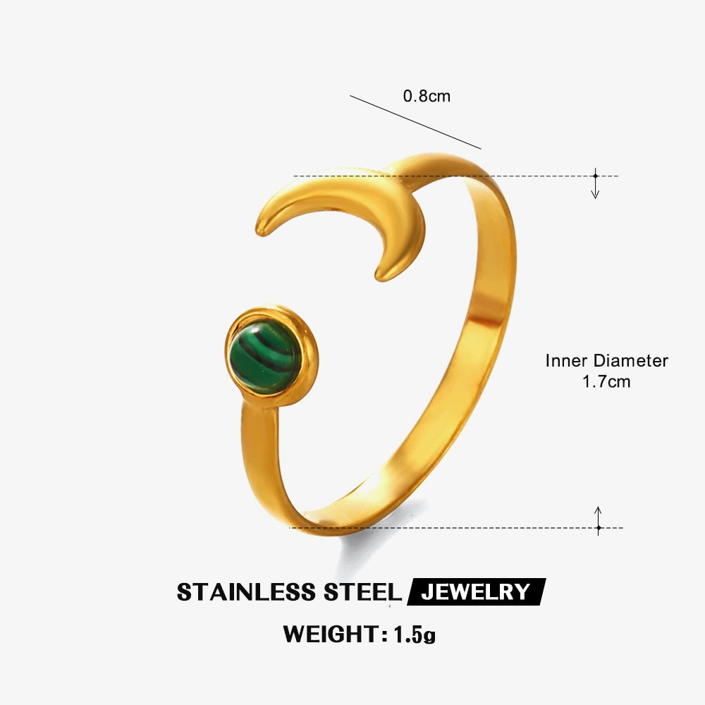 Gold Plated Crescent Moon and Green Malachite Adjustable Ring