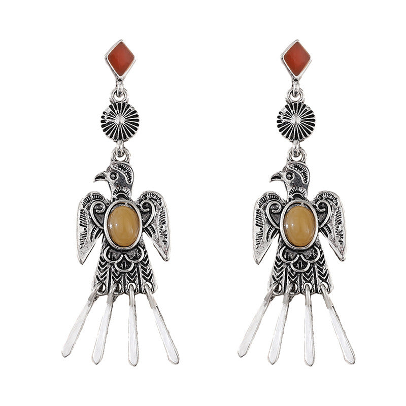 Retro Silver Bird Pendant Earrings with Stone Accent