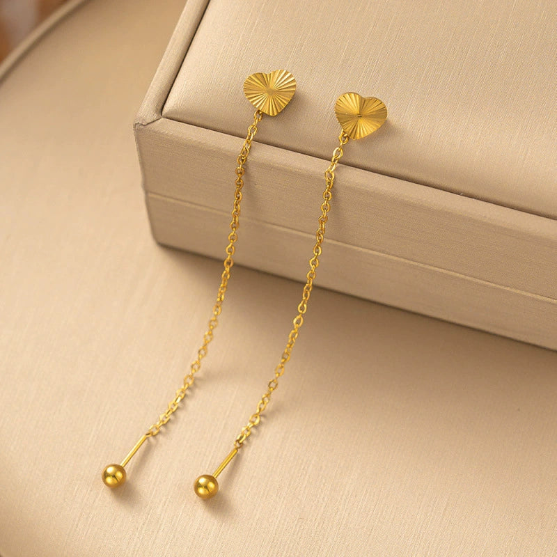Gold Plated Textured Heart Long Chain Drop Earrings
