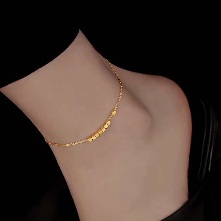 Delicate Gold Plated Chain Anklet with Cube Beads