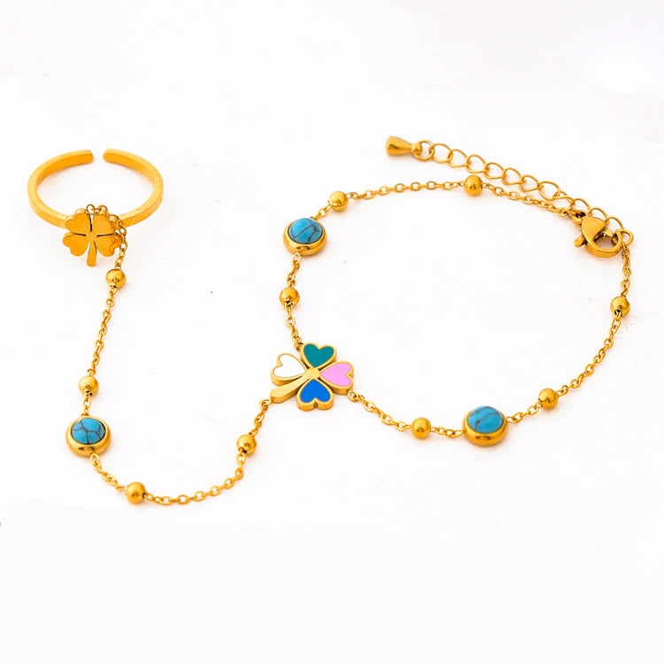 Lucky Clover Turquoise Hand Chain Ring Bracelet