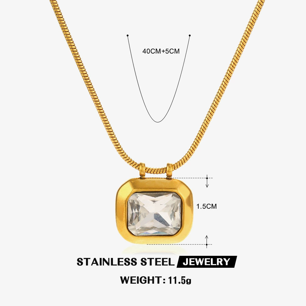Gold Plated Clear Crystal Square Pendant Necklace