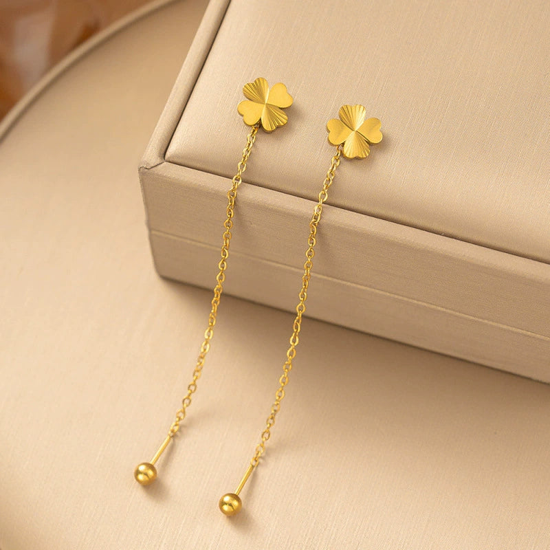 Gold Plated Textured Clover Long Chain Drop Earrings