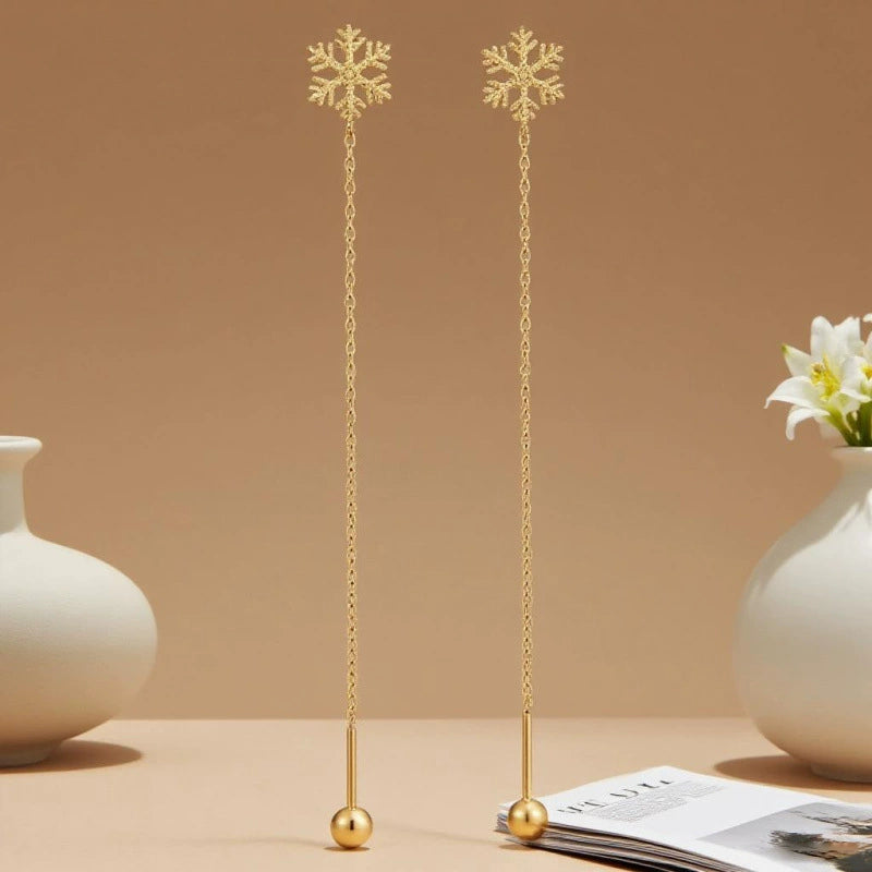 Gold Plated Snowflake Long Chain Drop Earrings