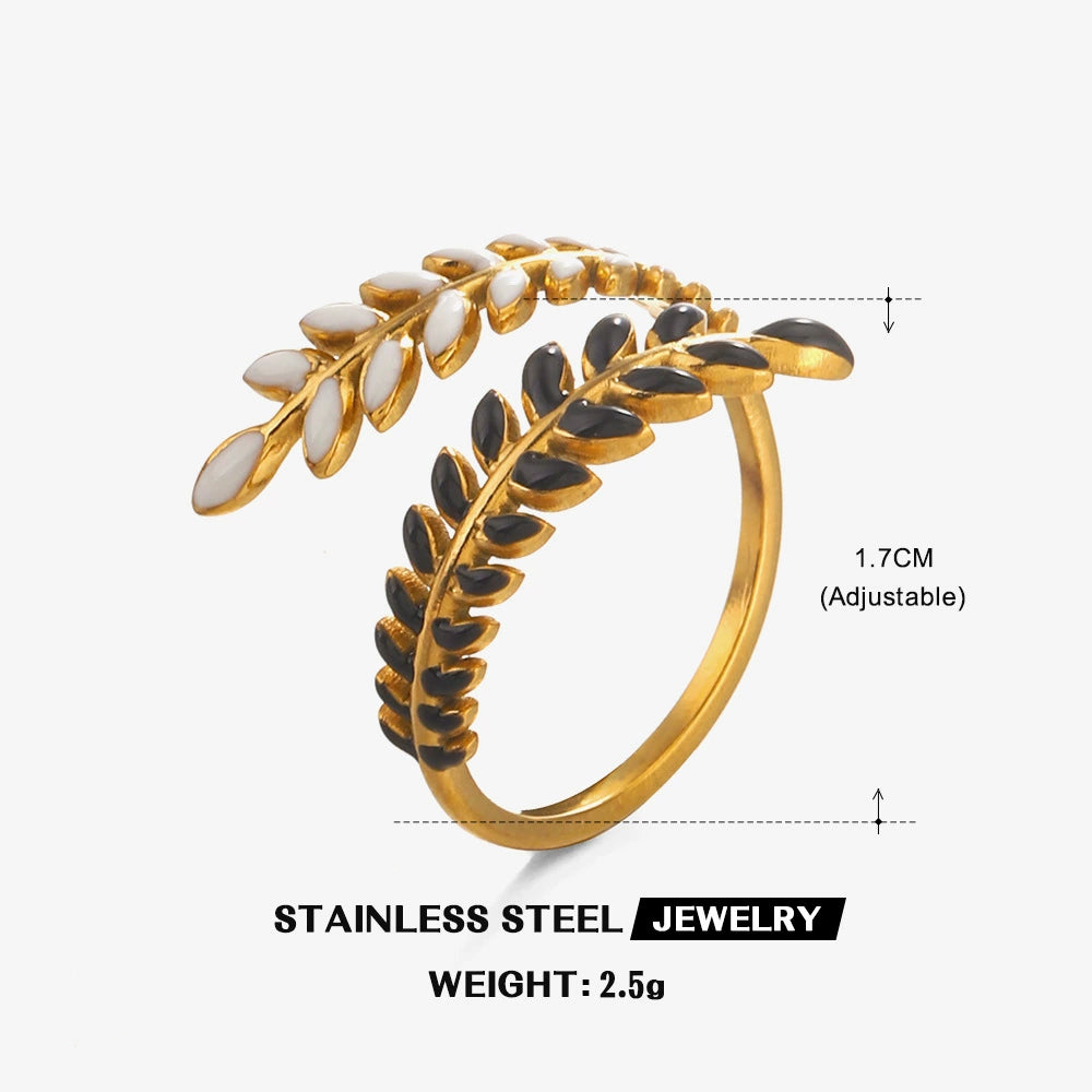 Gold Plated Black and White Enamel Leaf Wrap Ring