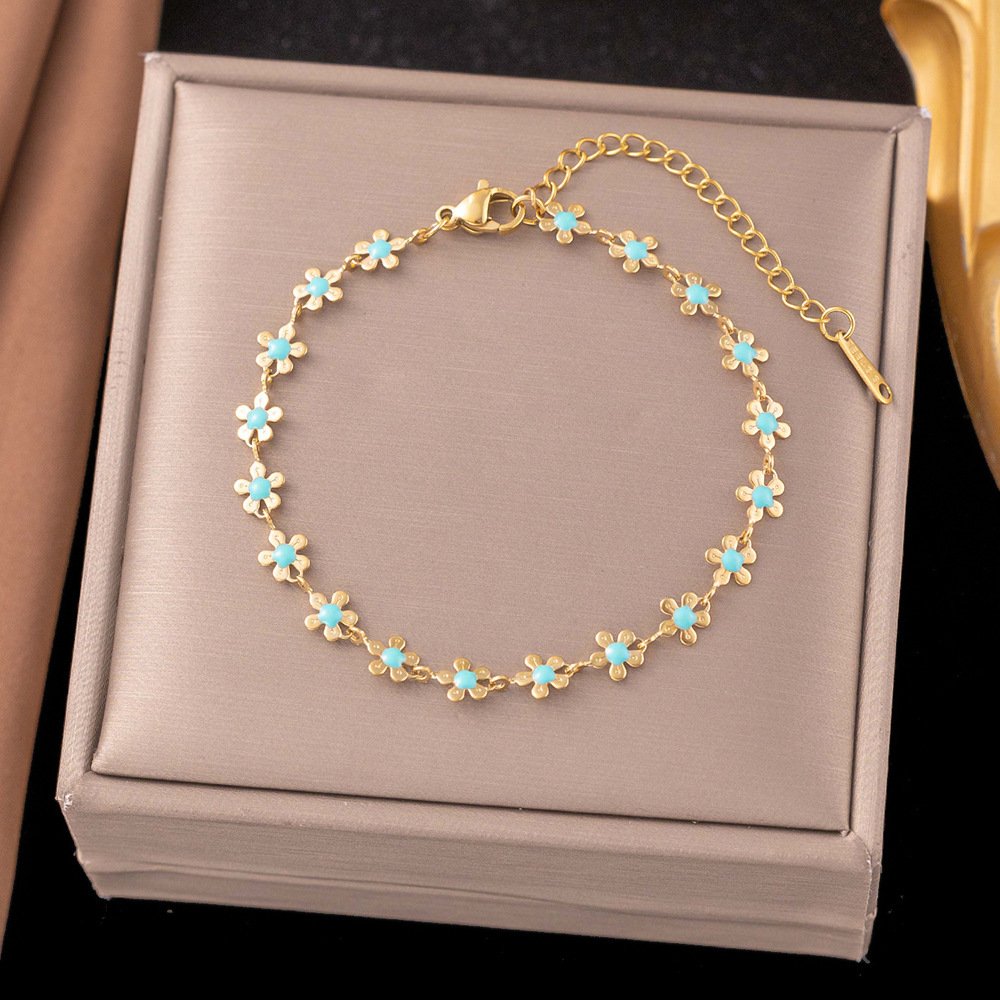 Stainless Steel Gold Flower Bracelet with Light Blue Enamel