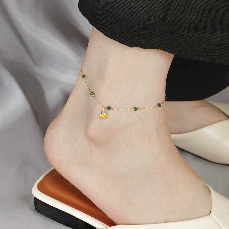 Gold Plated Green Beaded Seashell Anklet