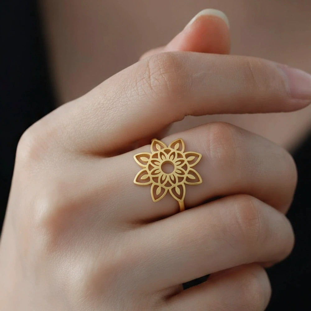 Gold Plated Mandala Bloom Adjustable Ring