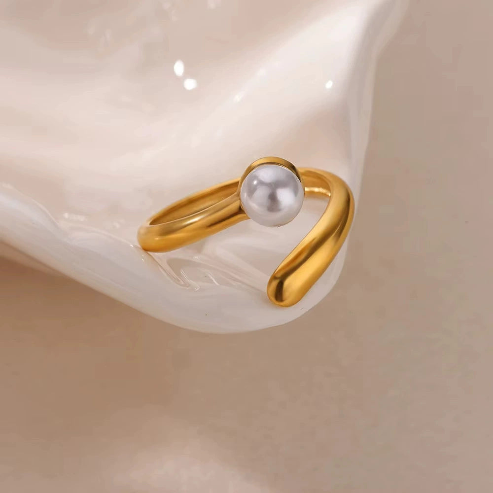Classic Pearl Accent Adjustable Gold Plated Ring