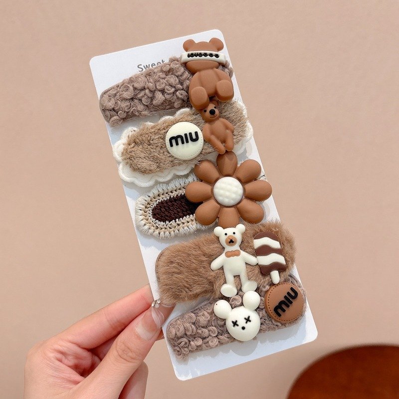 Set if 5 Cofee Color Cue Plush Hair Pins