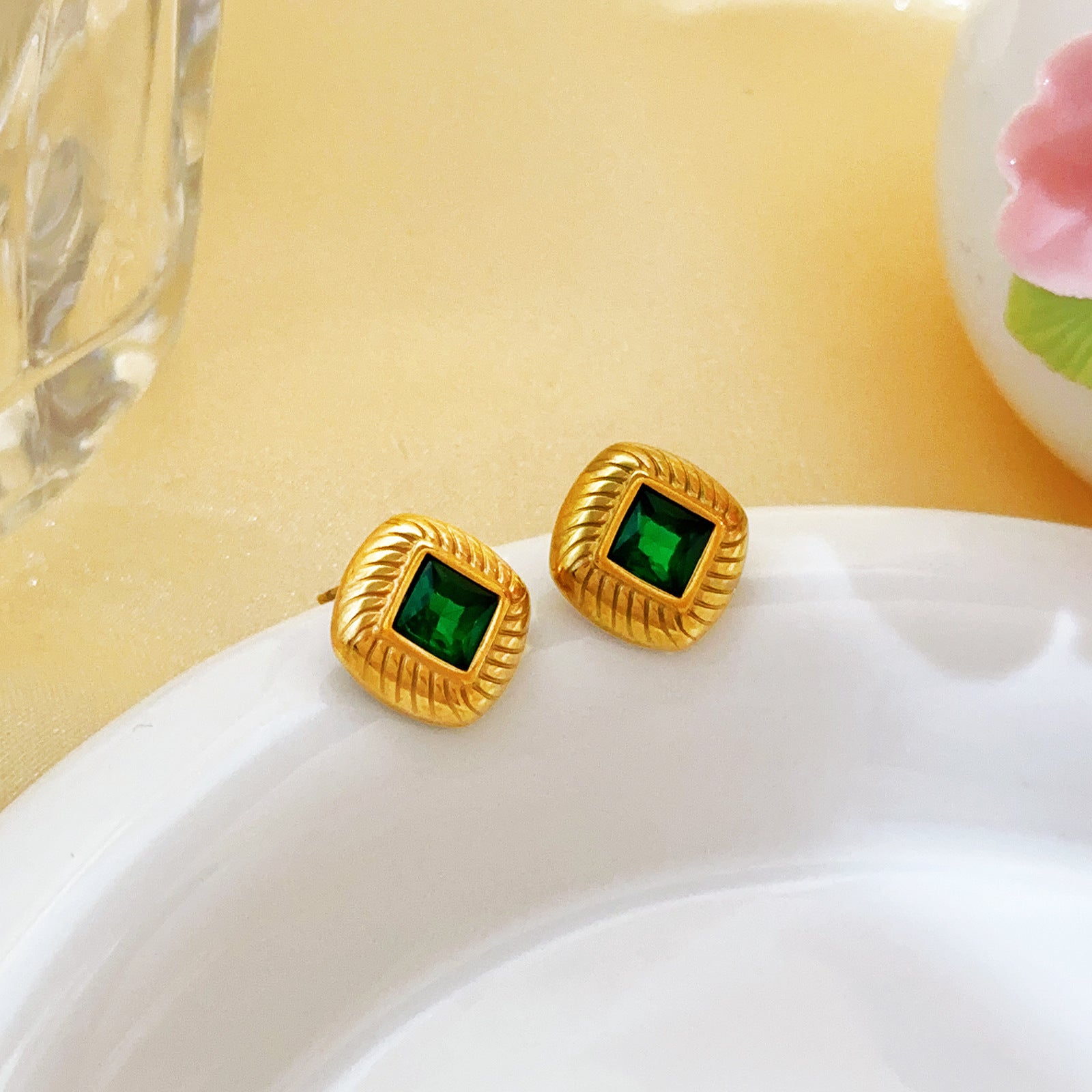 Gold-Tone Green Gem Square Stud Earrings
