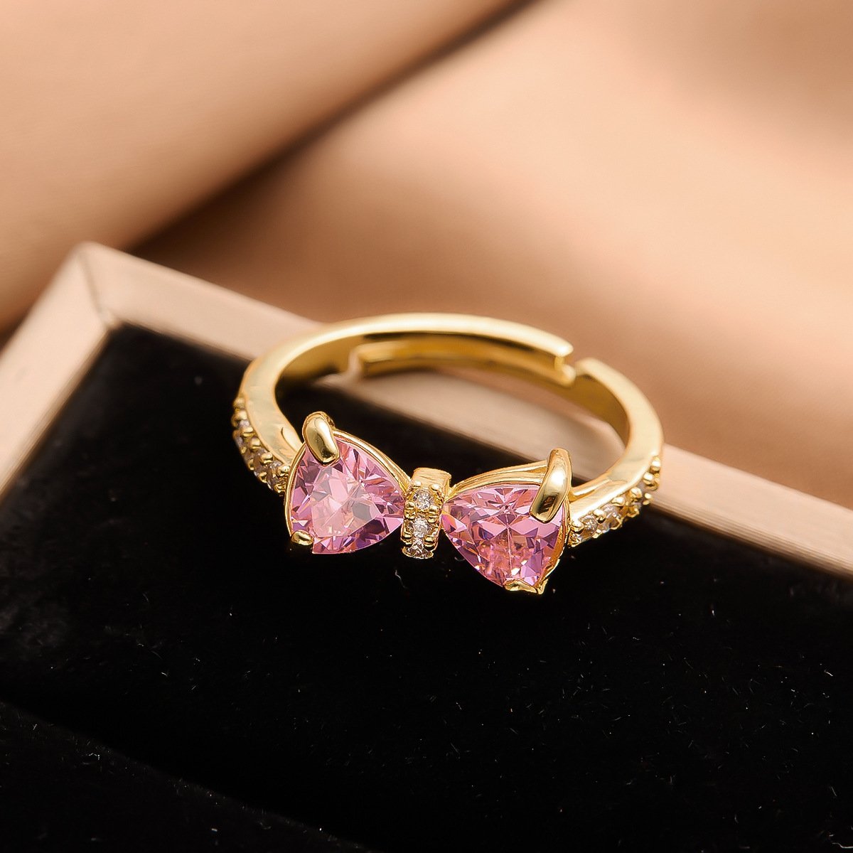 Pink Crystal Bow Tie Ring Gold Plated Adjustable Ring
