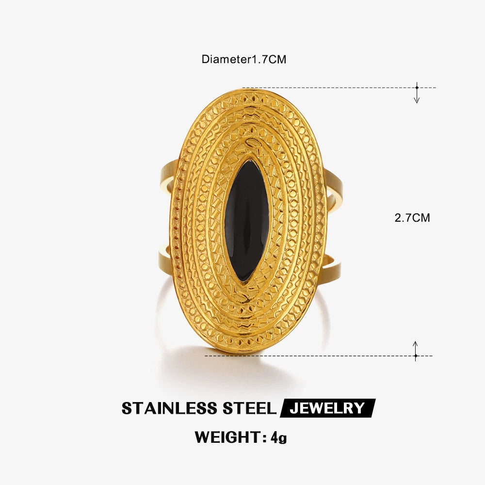 Gold Plated Oval Black Gemstone Adjustable Ring