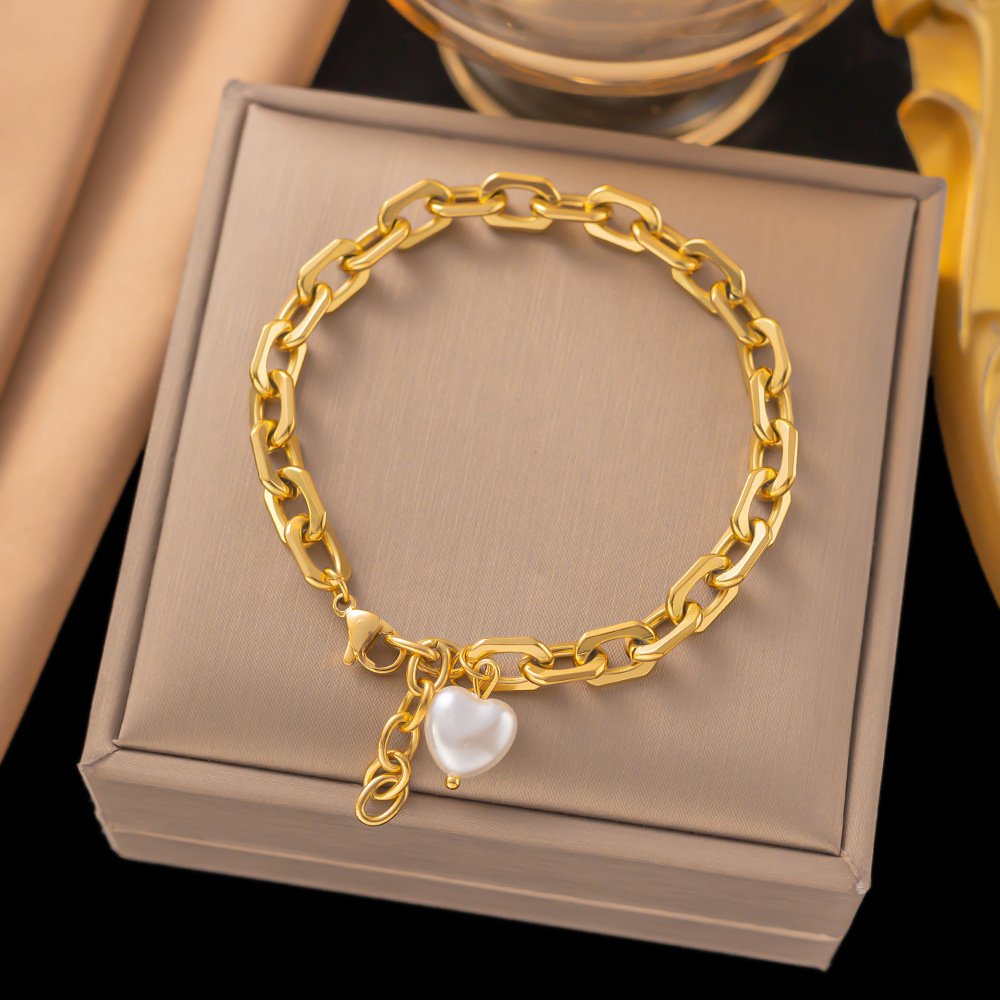 Thick Chained Pearl Charm Gold Plated Bracelet