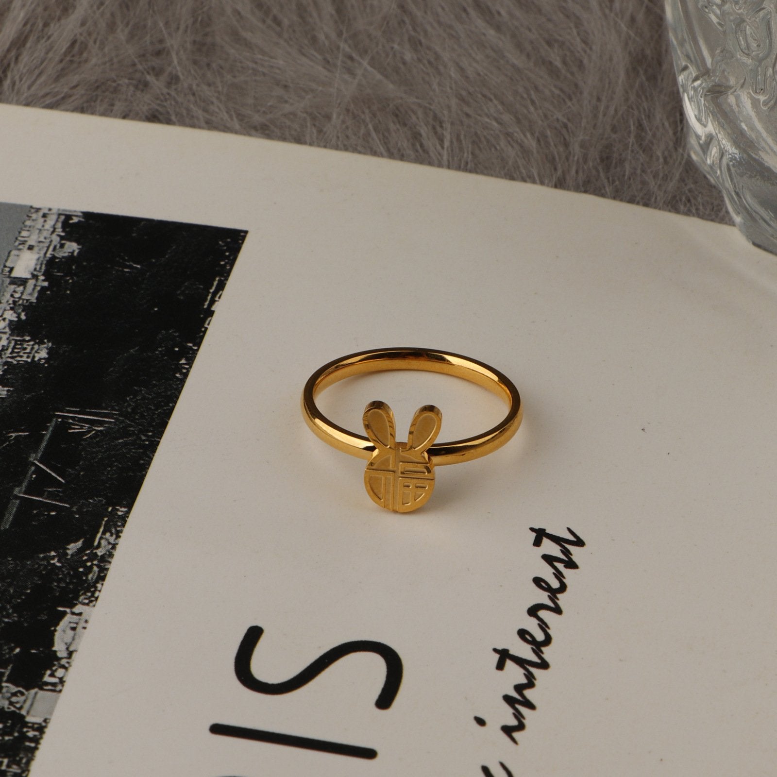 Gold Plated Cute Rabbit Face Ring - Size 8