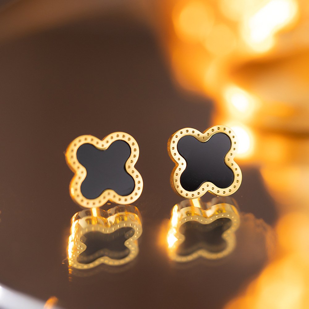 Gold-Plated Black Clover Stud Earrings