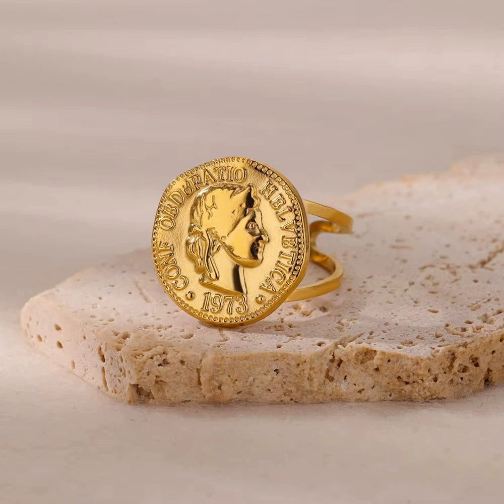18K Gold Plated Vintage Coin Adjustable Ring