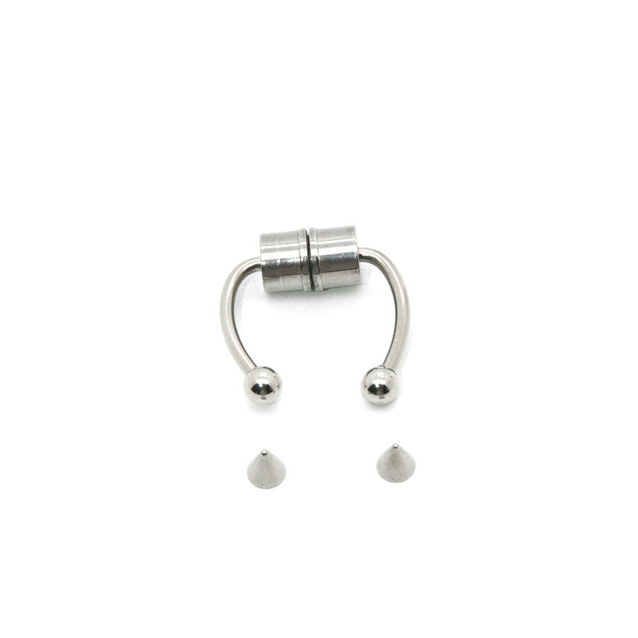 Stainless steel magnetic horseshoe septum nose ring with interchangeable ball and spike ends, no piercing needed