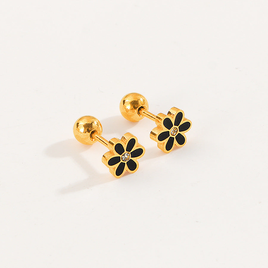 Gold Plated Black Enamel Flower Stud Earrings with Crystal