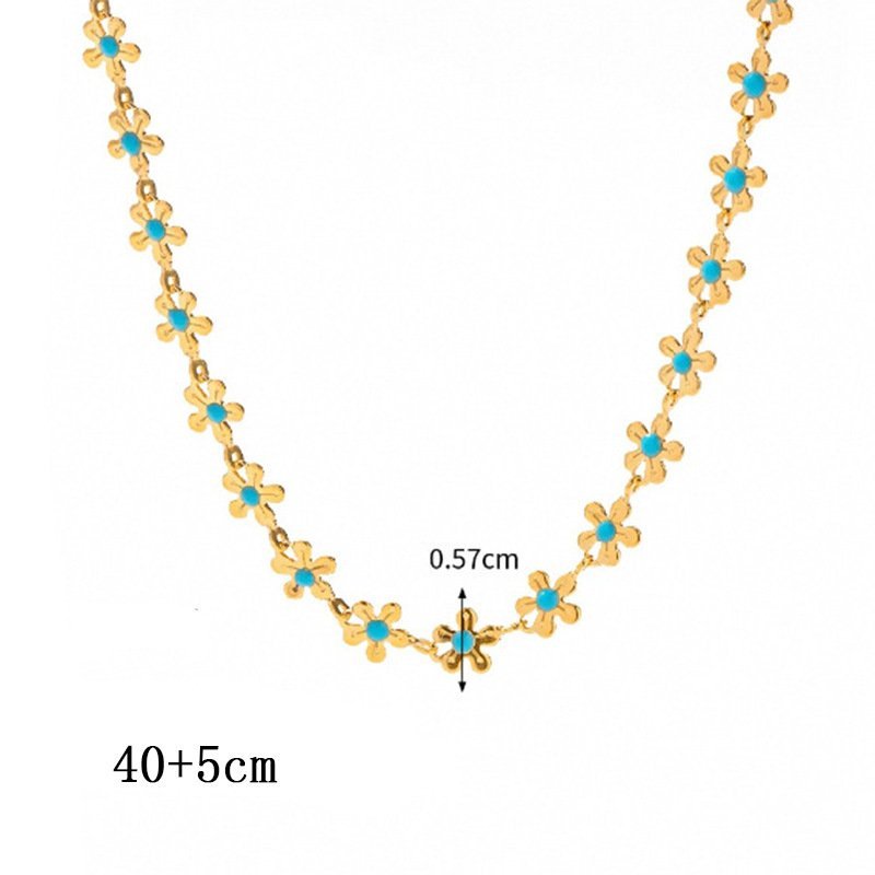 Stainless Steel Gold Flower Necklace with Light Blue Enamel