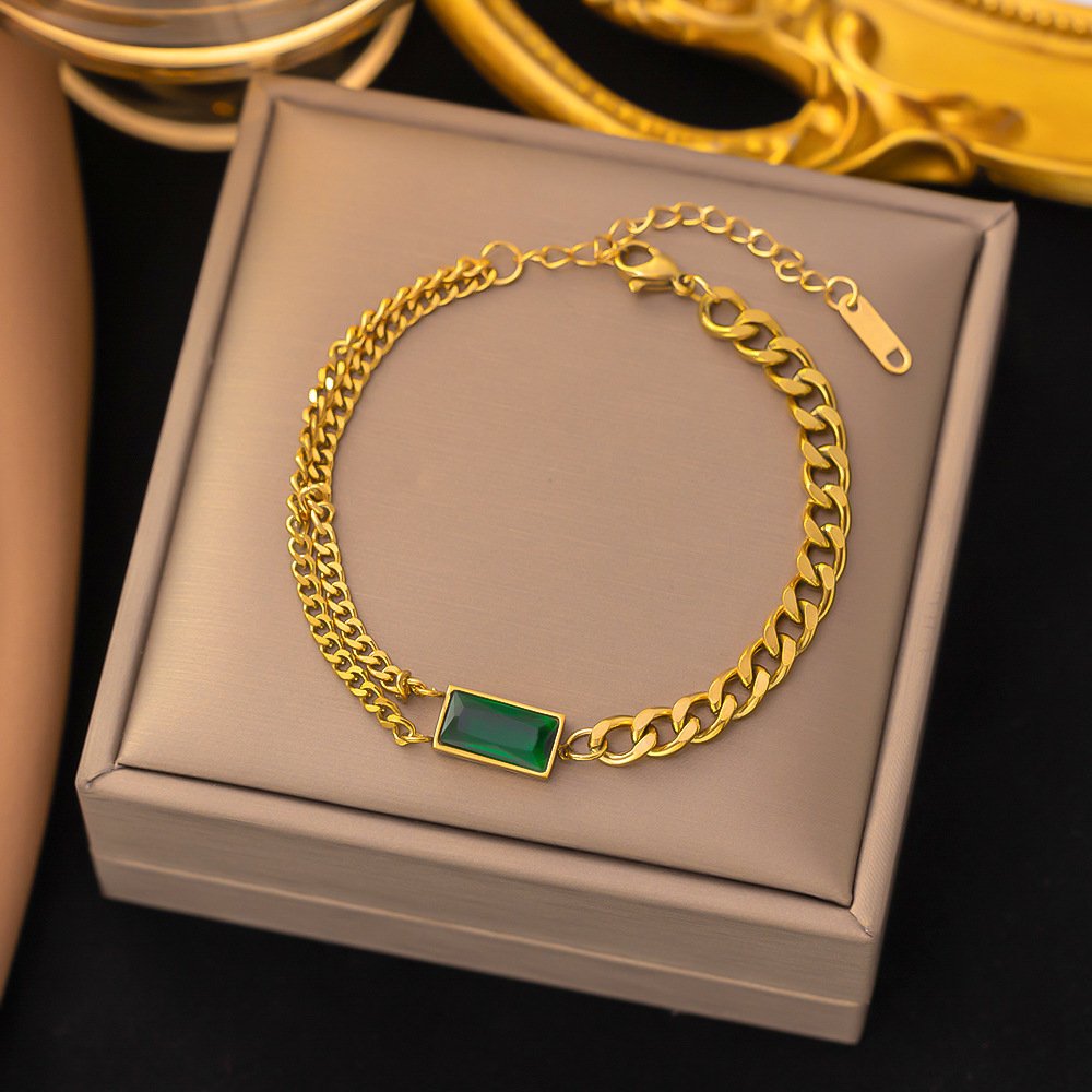 Green Crystal Heavy Chained Gold Plated Bracelet