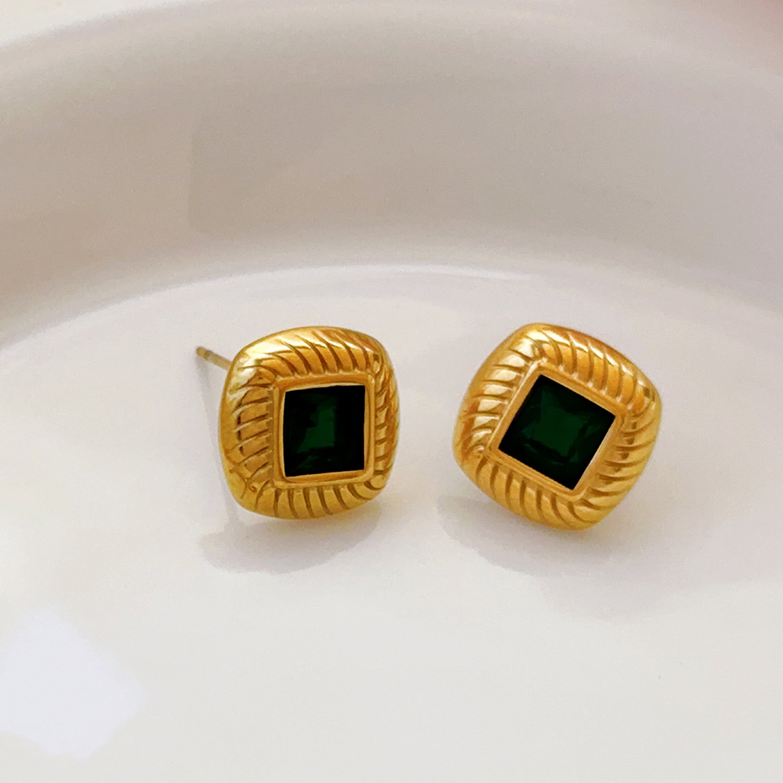 Gold-Tone Emerald Square Stud Earrings
