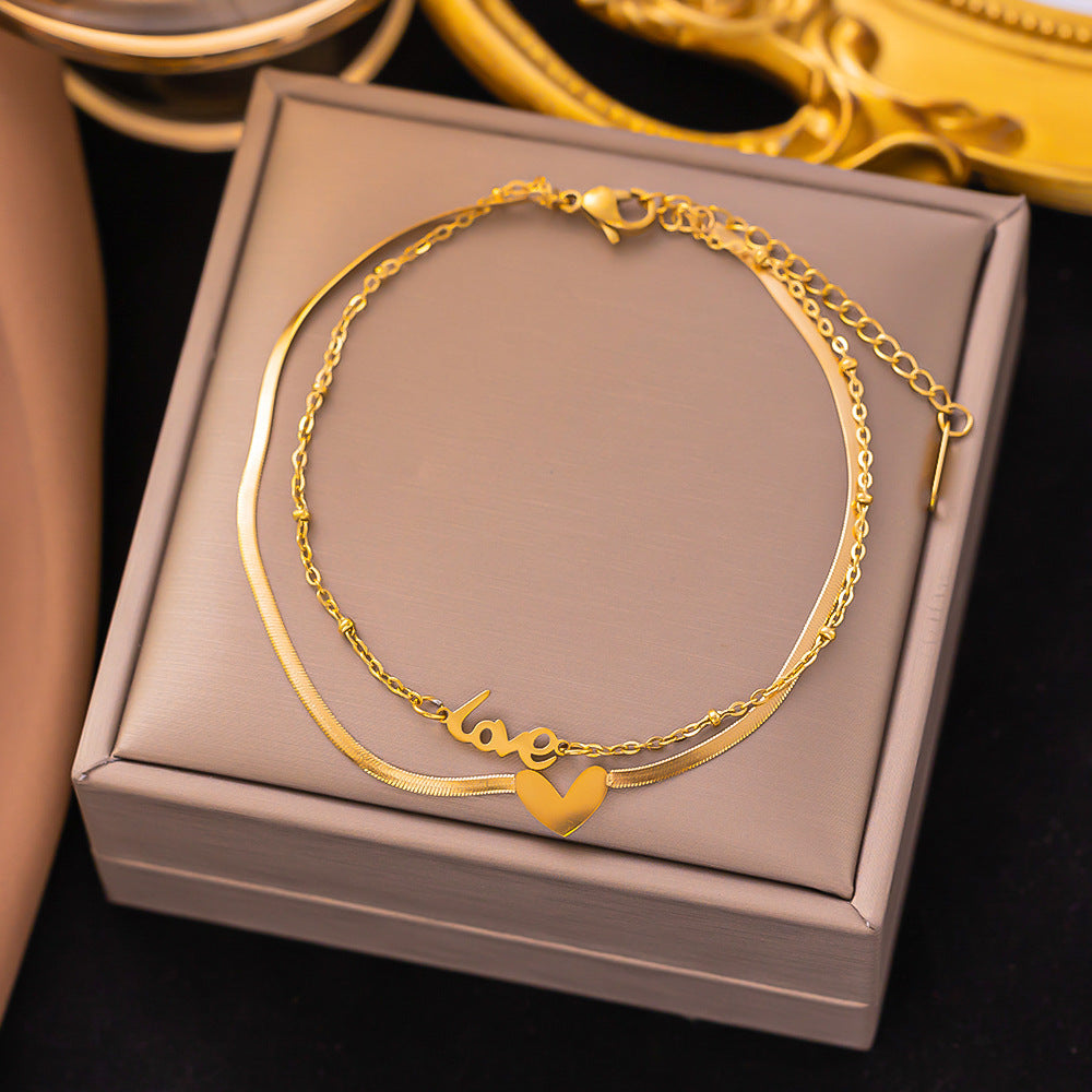 18K Gold Plated Double-Layer Heart & “Love” Anklet