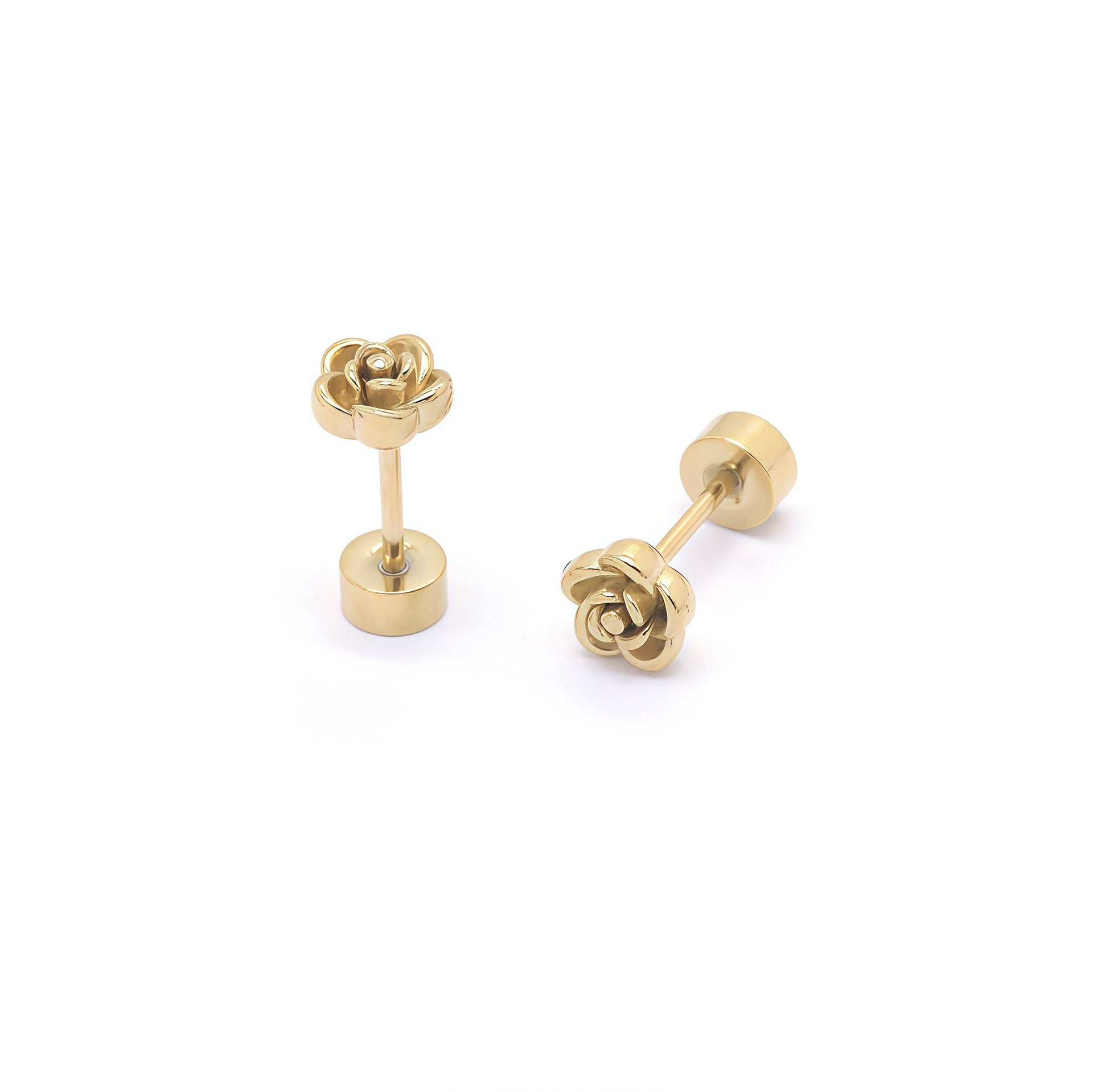 Gold plated flat-back stud earring with a sculpted rose flower design