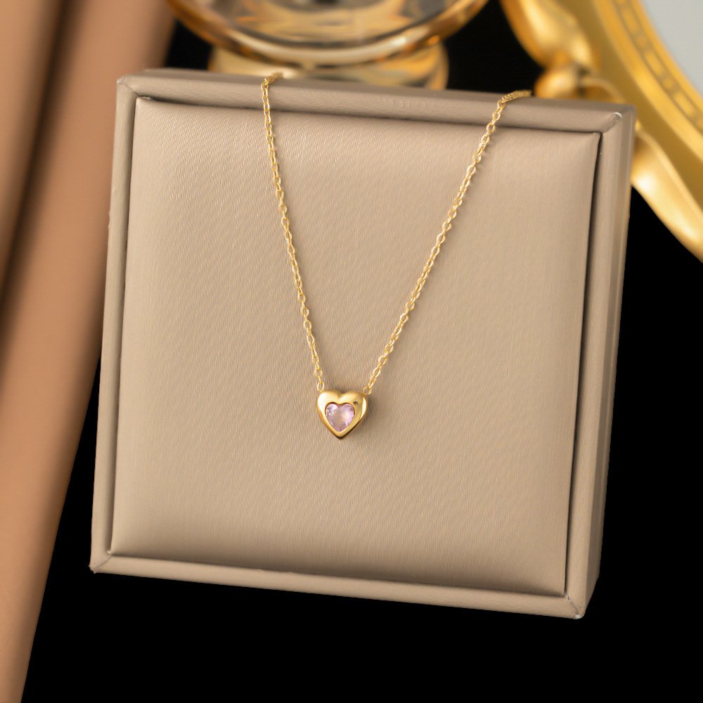 Gold-Plated Heart Pendant Necklace with Pink Stone