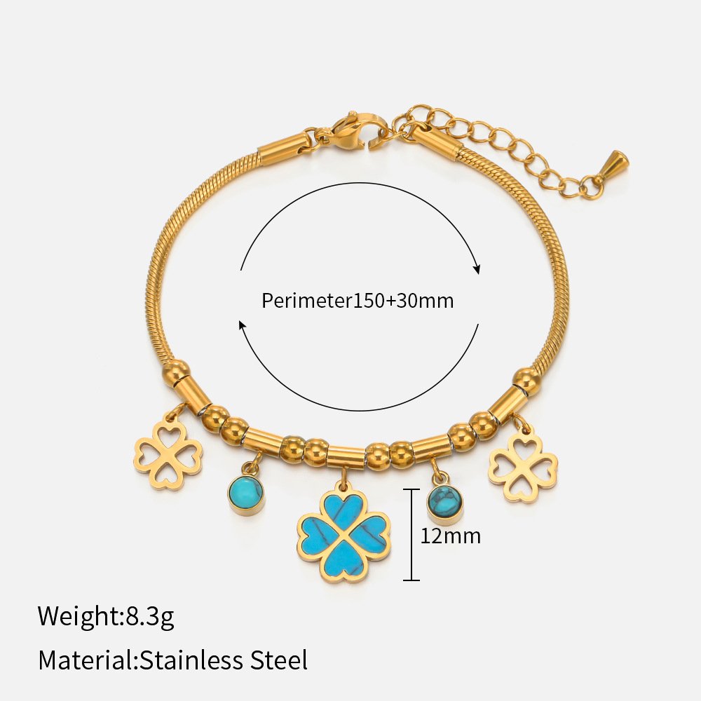 Gold Plated Stainless Steel Bracelet with Turquoise Clover Charms