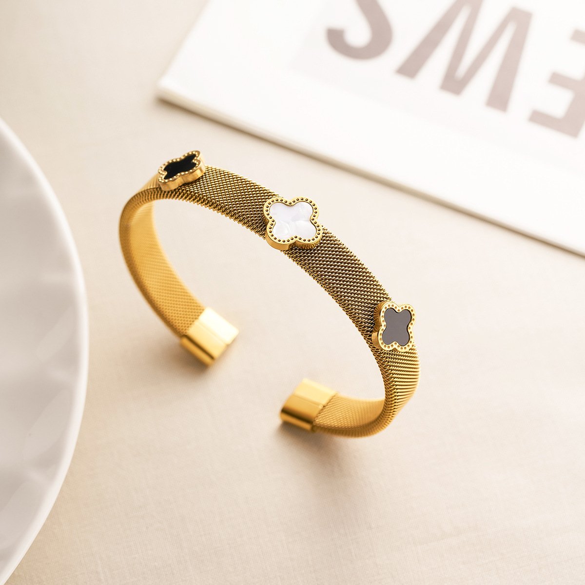 Gold-Plated Multi-Clover Cuff Bangle