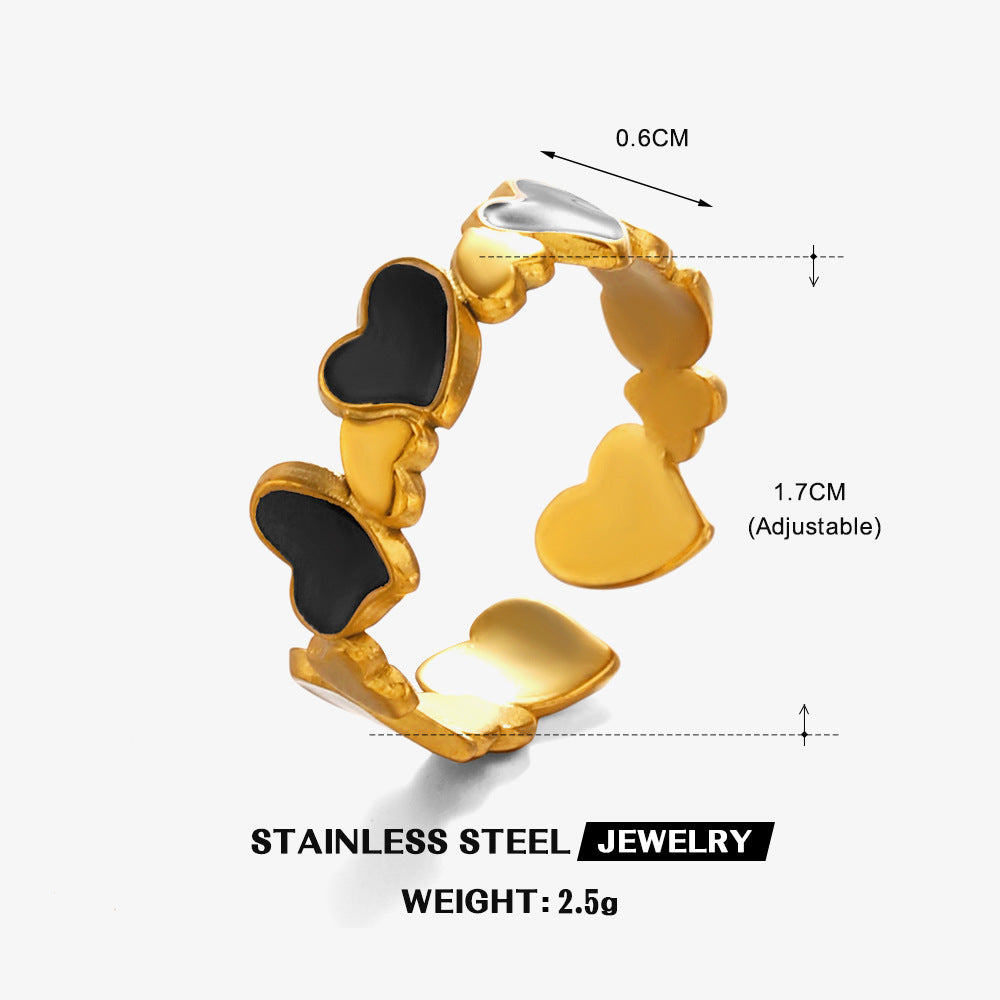 18K Gold Plated Black Enamel Heart Adjustable Ring