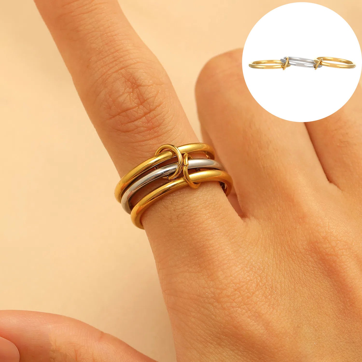 Gold and Silver 3 Layered Interlocked Stackable Rings