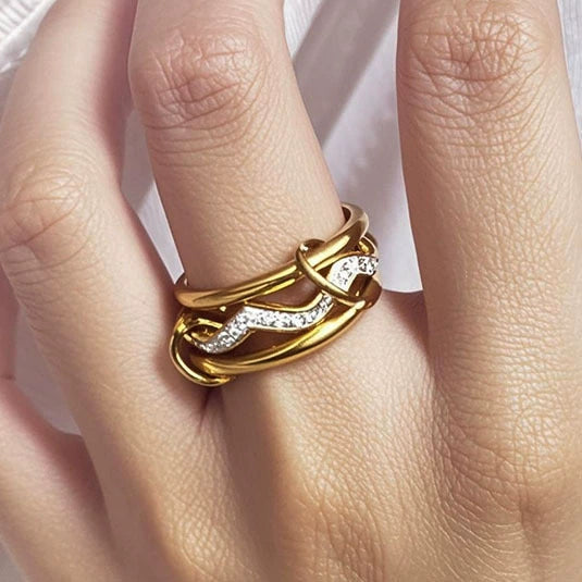 Interlocked Gold Plated Ring with Wave Crystal Design