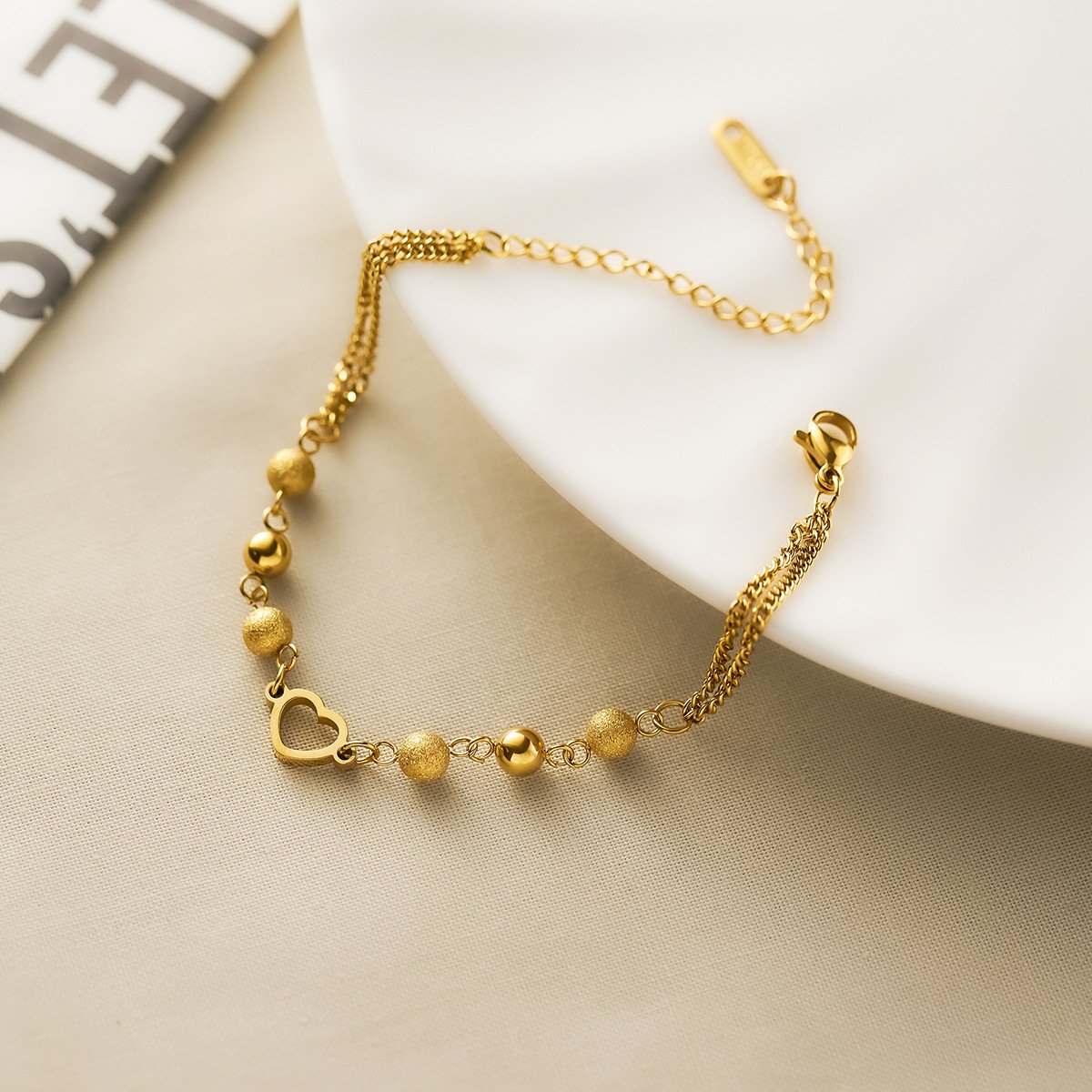 Gold-Plated Multi-Bead Heart Charm Bracelet