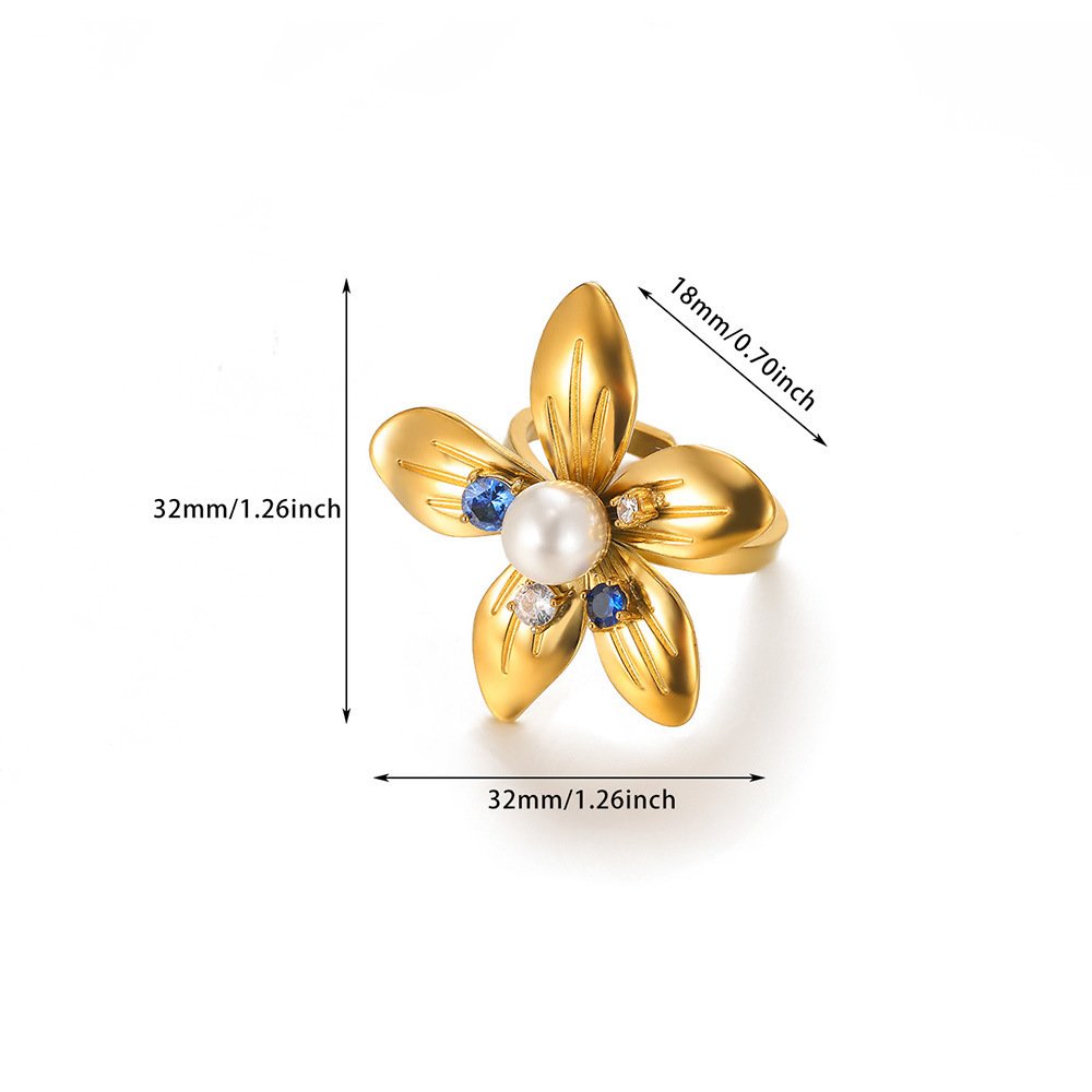18k Gold Plated Flower Ring with Pearl & Cubic Zircon