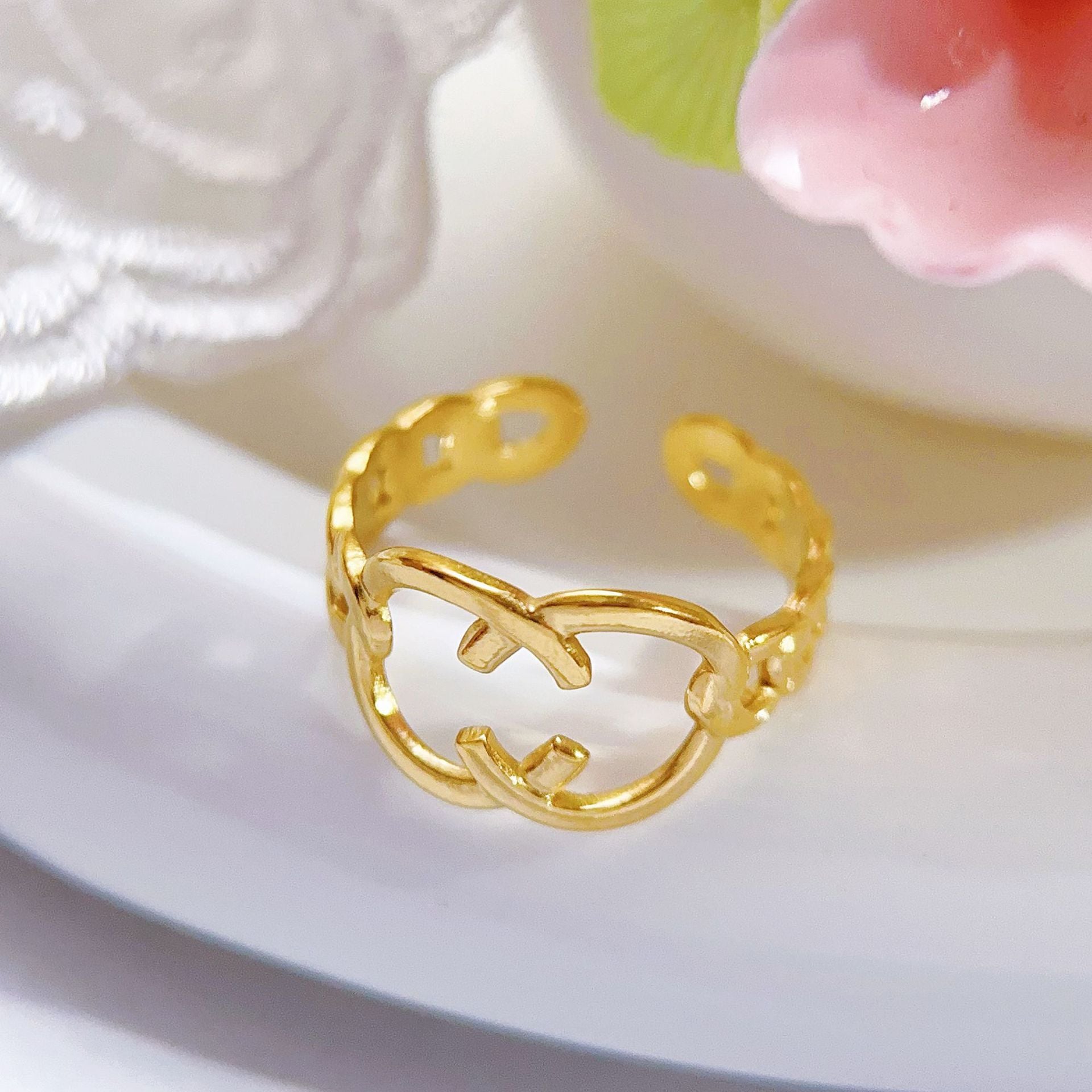 Gold Plated Interlocking Heart Chain Adjustable Ring