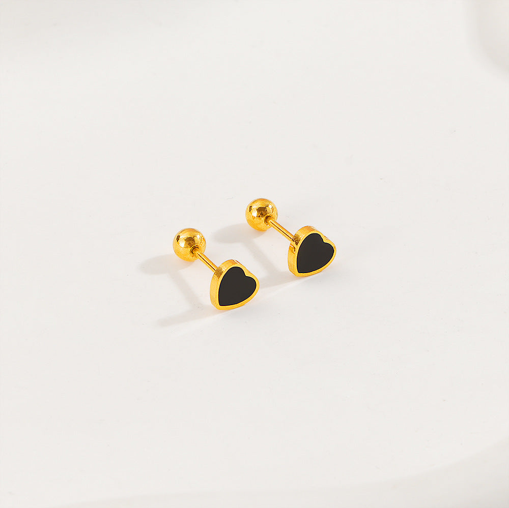 Gold Plated Black Enamel Heart Stud Earrings