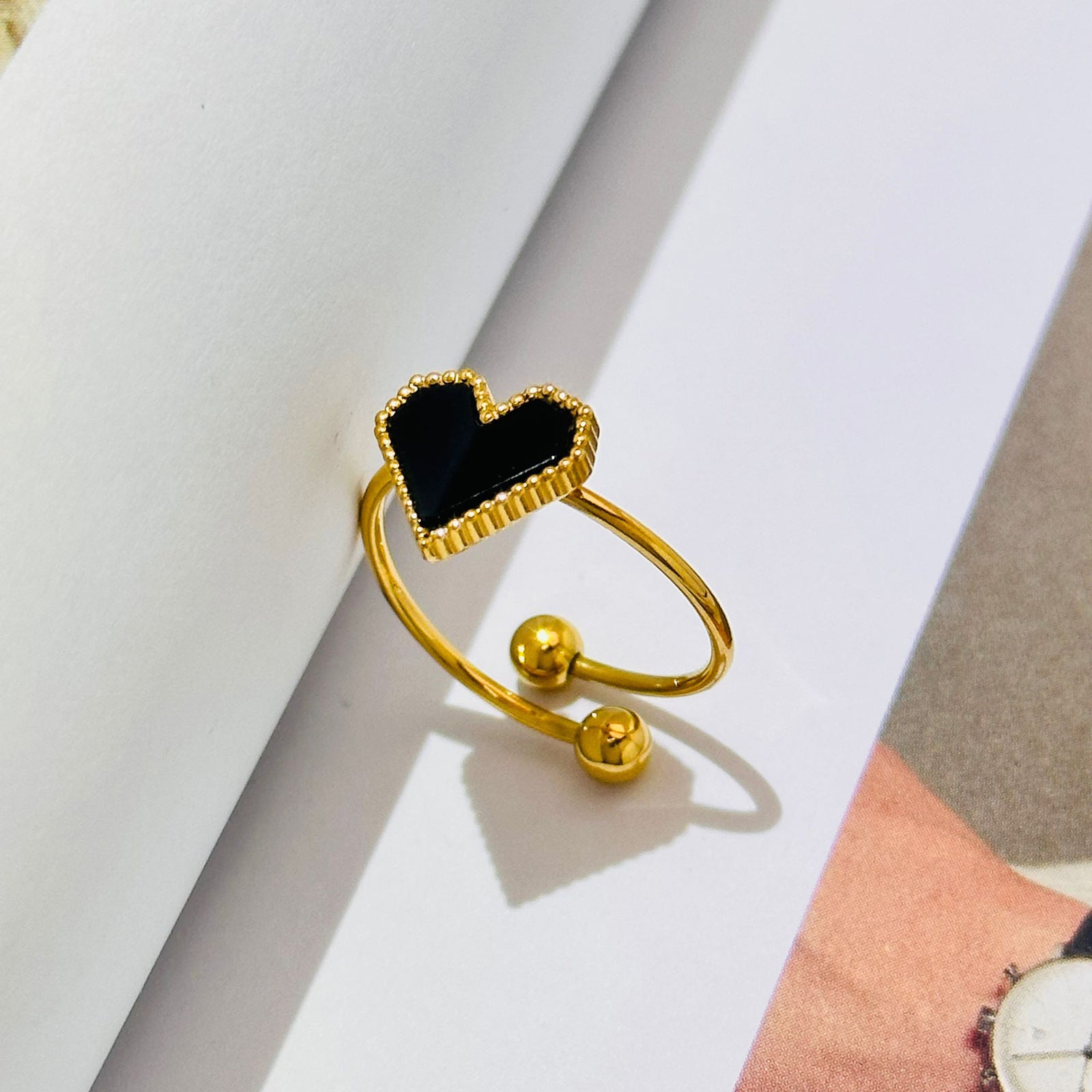 Gold-Tone Black Heart Adjustable Ring